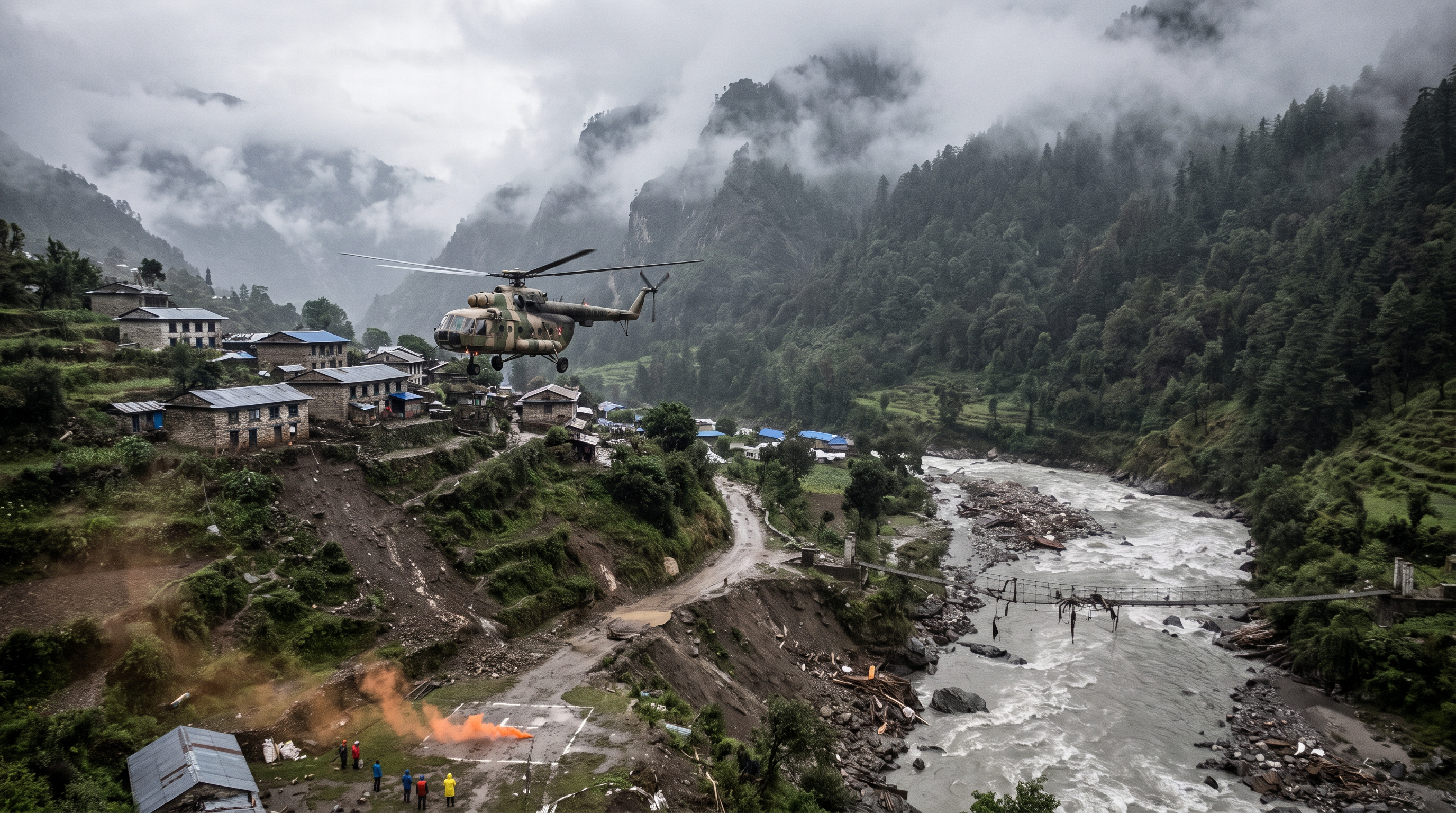 The River Came Without Warning - Nepal’s Flash Floods Leave Children Fighting to Survive 2 A rescue helicopter flying low over a flood-damaged mountain village in Nepal