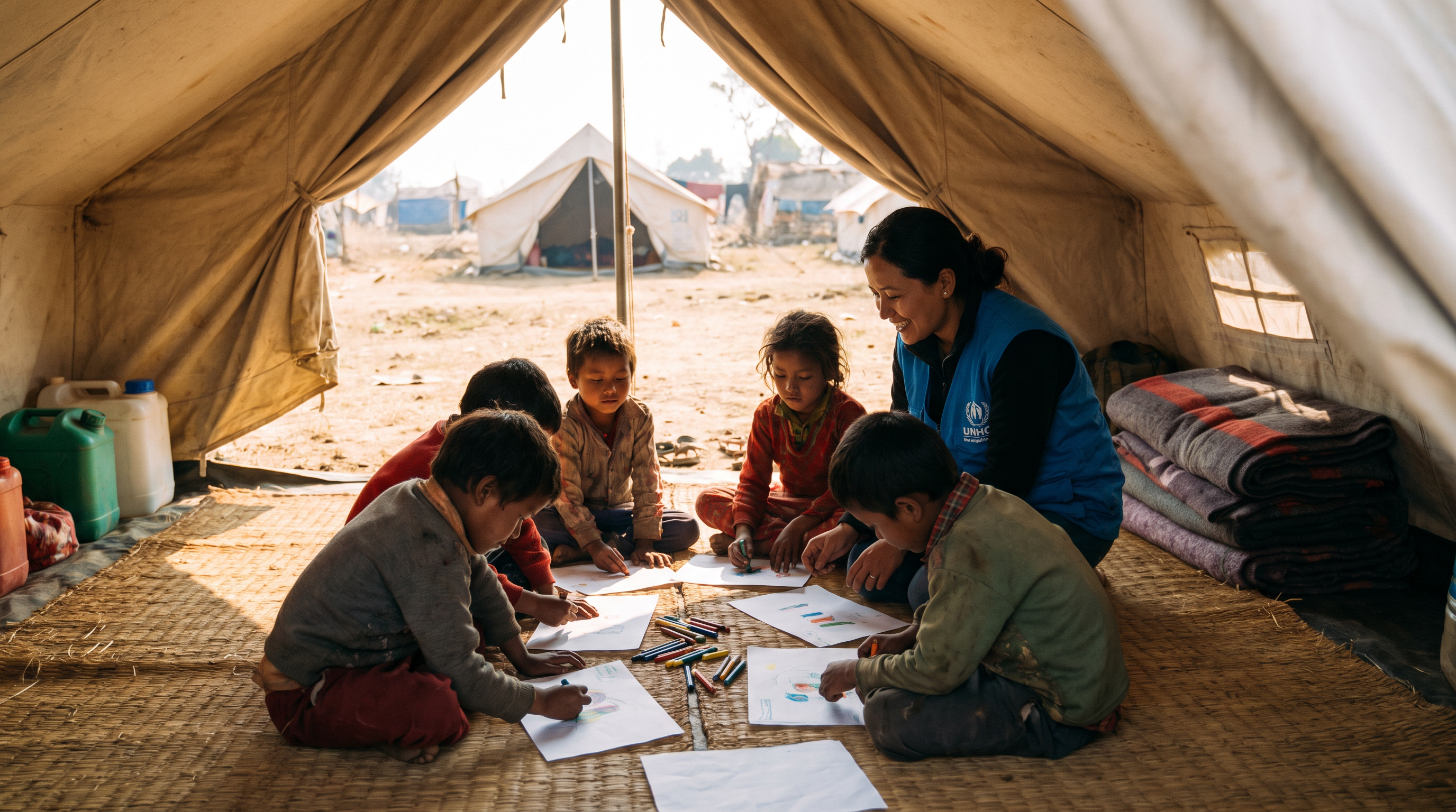 The River Came Without Warning - Nepal’s Flash Floods Leave Children Fighting to Survive 4 Children drawing with crayons at a safe child-friendly space in a displacement camp in Nepal, with a volunteer