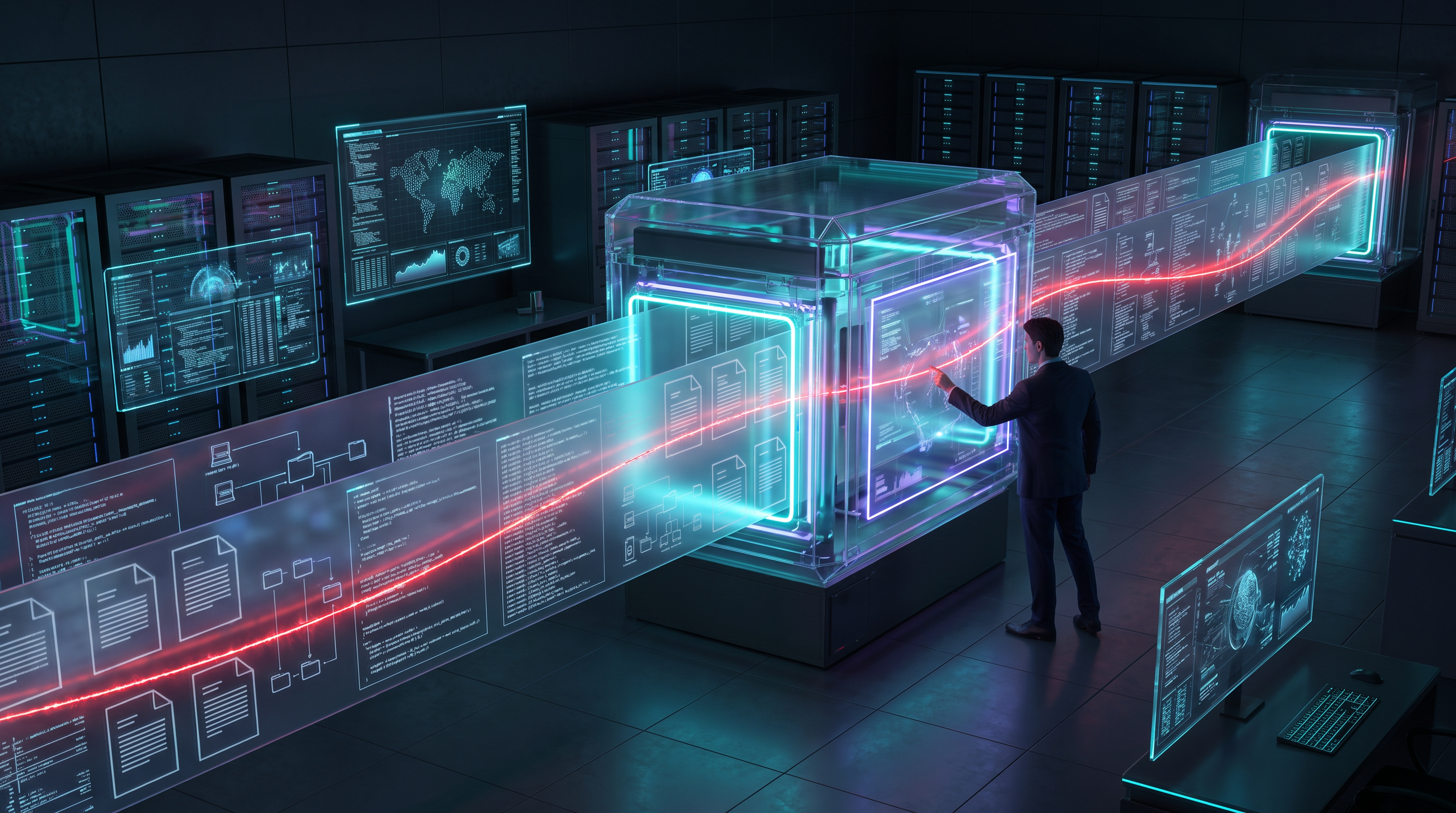 Long-context AI processing code, documents and security signals while an analyst traces a threat