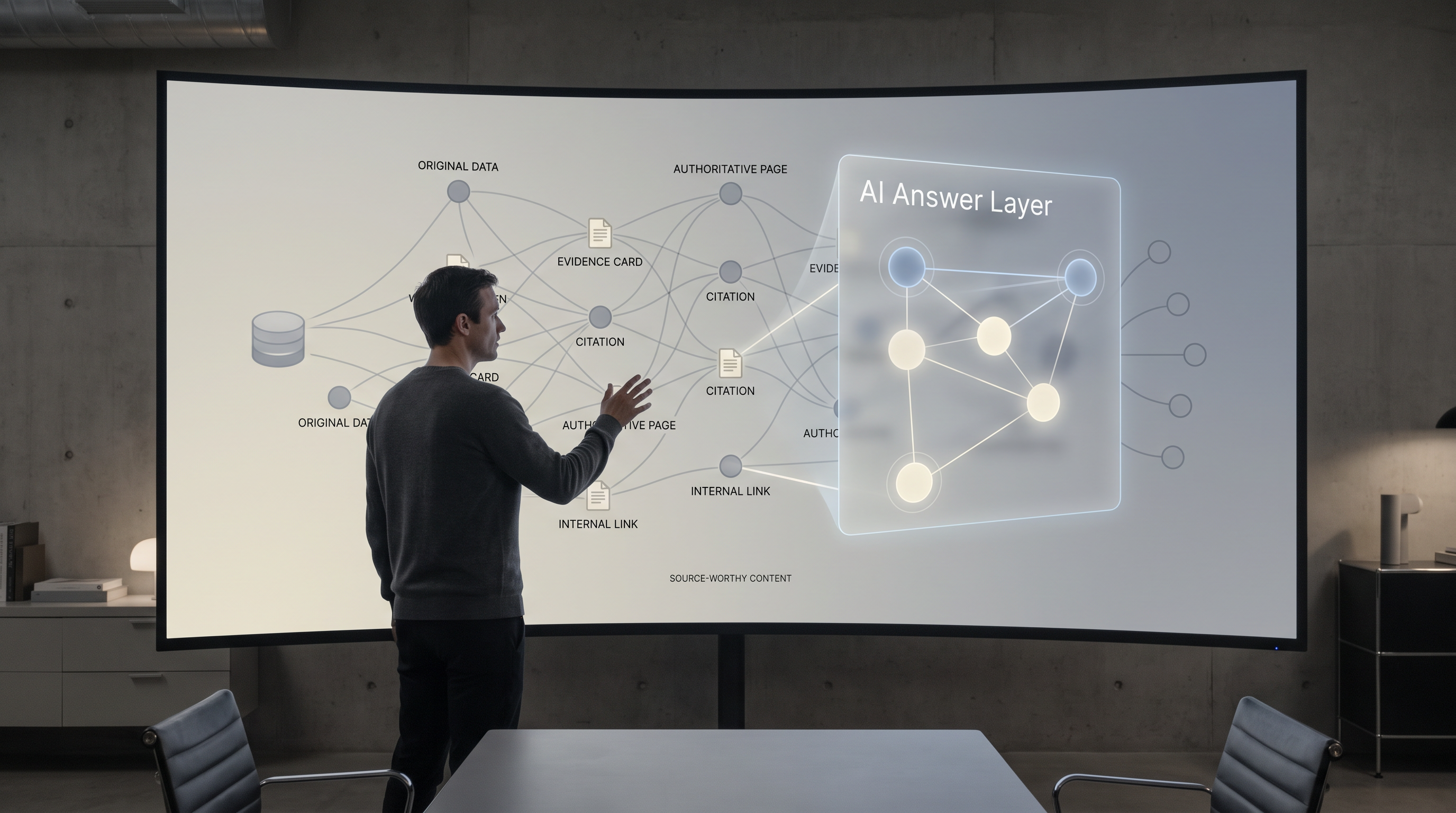 A source-worthy content network of evidence, citations and internal links feeding an AI answer
