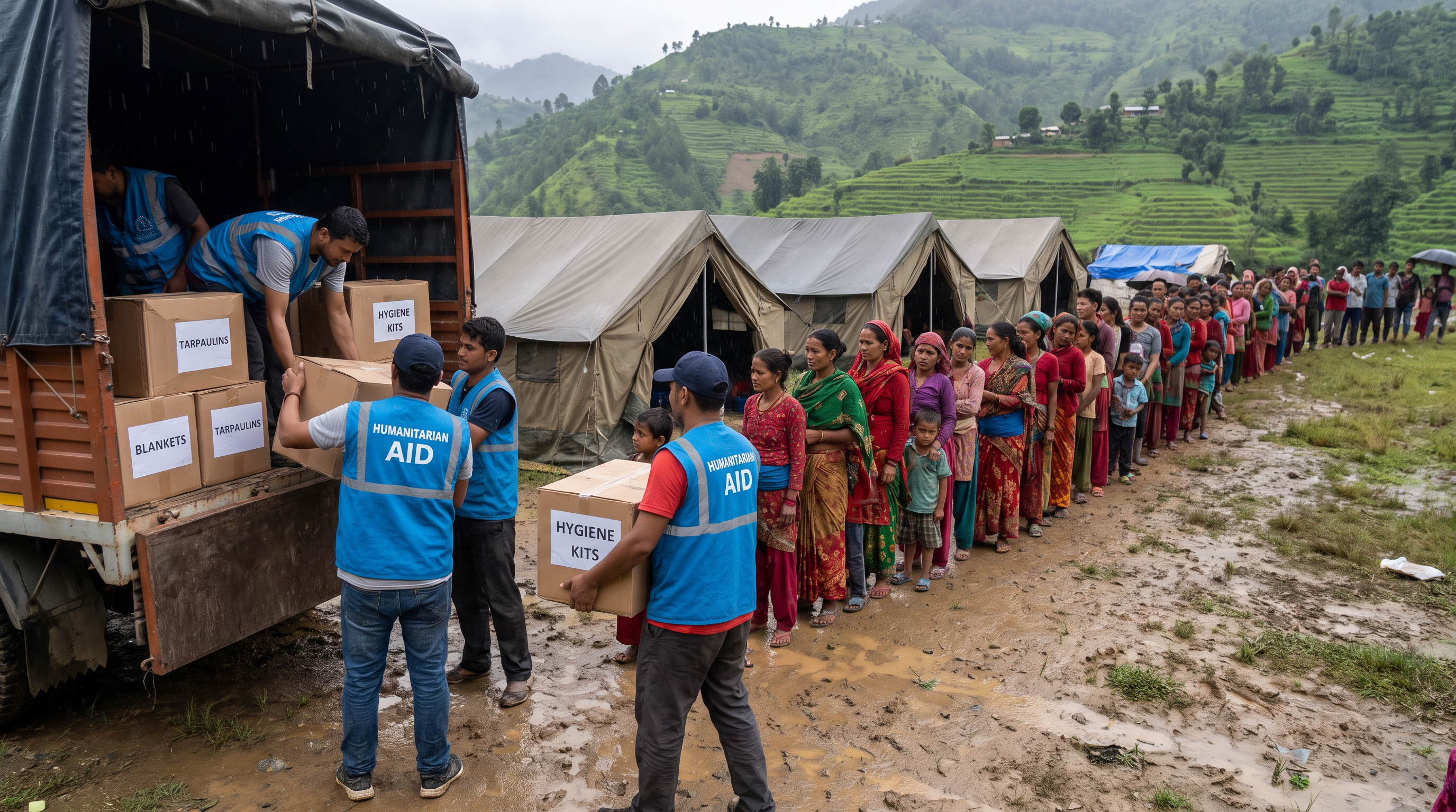 The River Came Without Warning - Nepal’s Flash Floods Leave Children Fighting to Survive 3 Aid workers unloading boxes of relief supplies from a truck at a temporary shelter camp in a Nepali mountain village