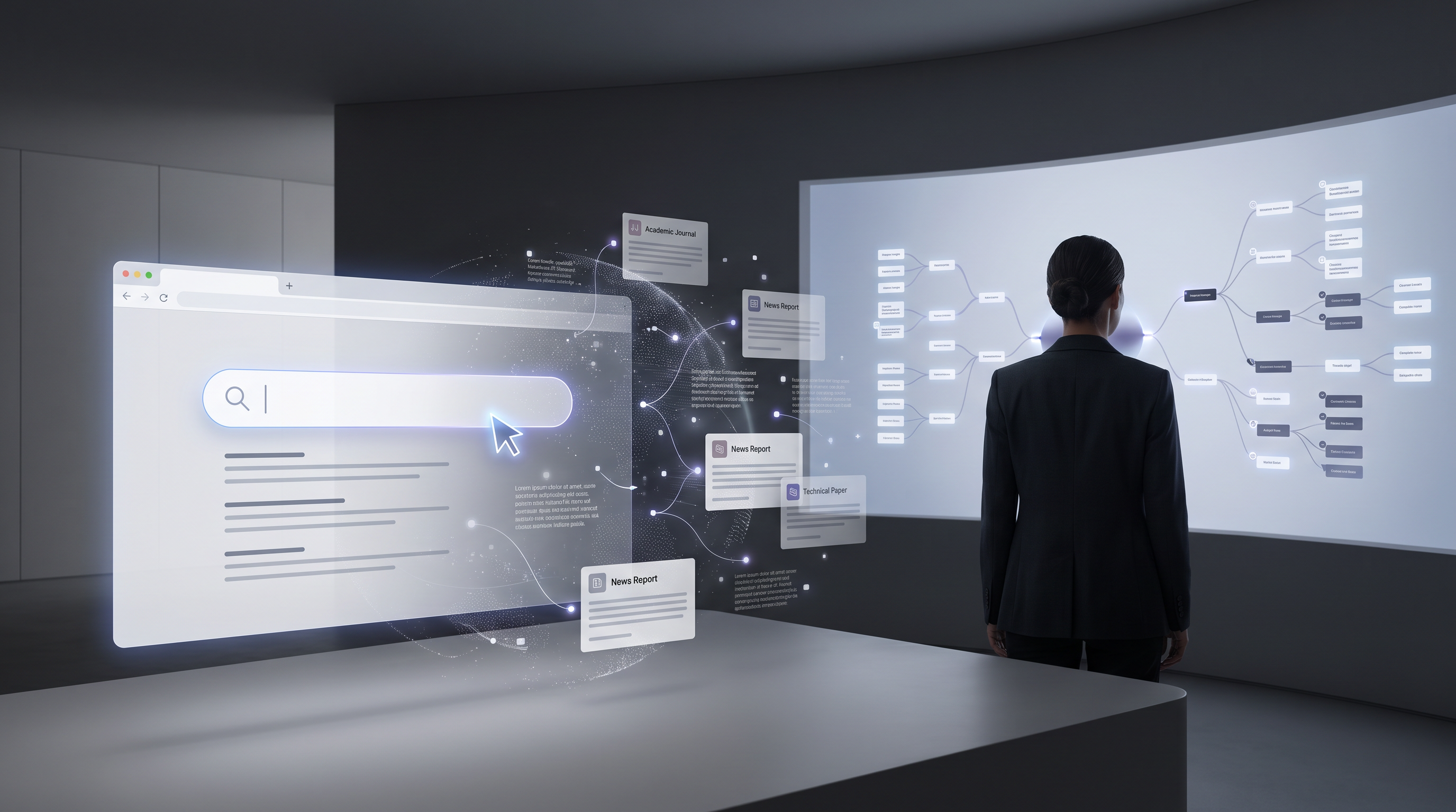 AI search answer assembled from multiple web sources while a strategist studies content architecture