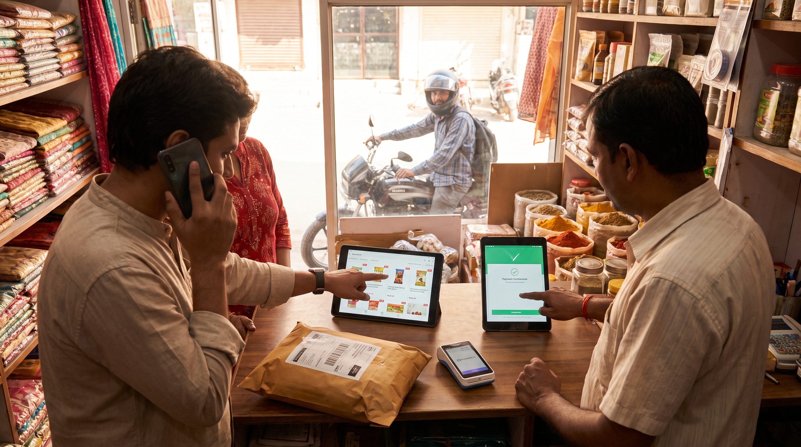 A conversation continuing through product choice, payment, packing and delivery