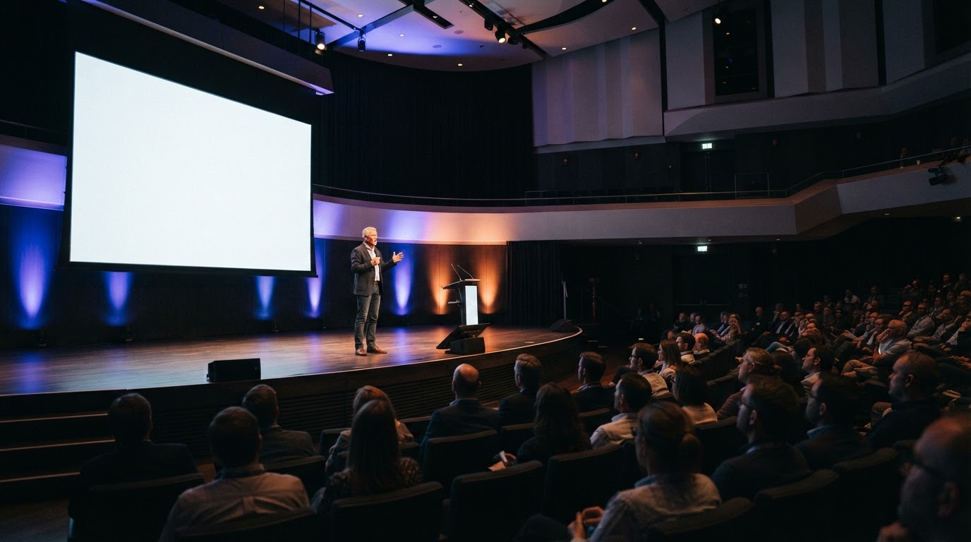 Irish Design Week 2026 - Fáilte Future Europe Brings a Nationwide Celebration of Design 2 Design conference keynote on a lit stage in a modern concert-hall auditorium with an audience