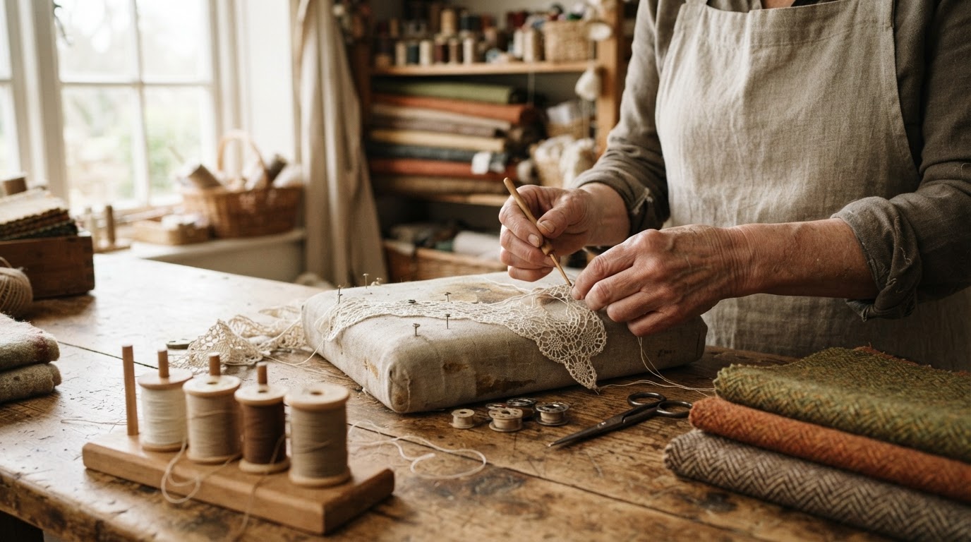 Irish Design Week 2026 - Fáilte Future Europe Brings a Nationwide Celebration of Design 3 Close-up of an artisan's hands working fine lace and thread with tweed swatches on a studio workbench